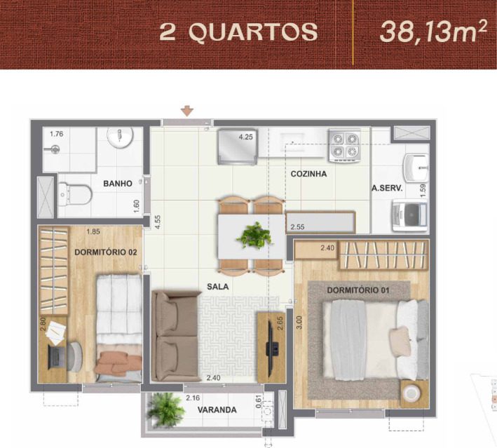 Planta de 2 quartos do Cartola