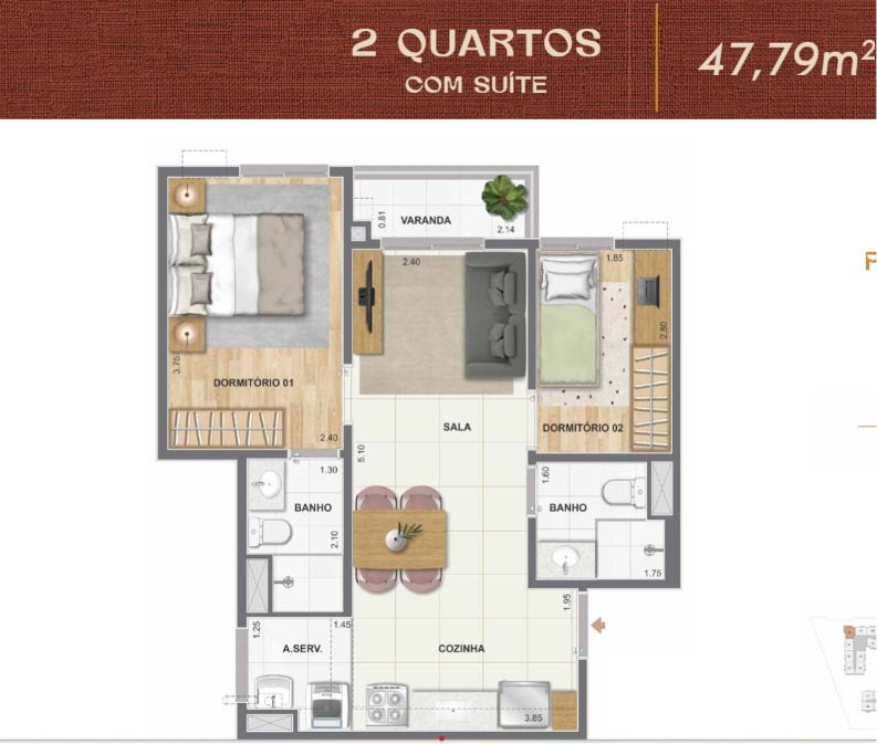 Planta de 2 quartos com suíte do Cartola