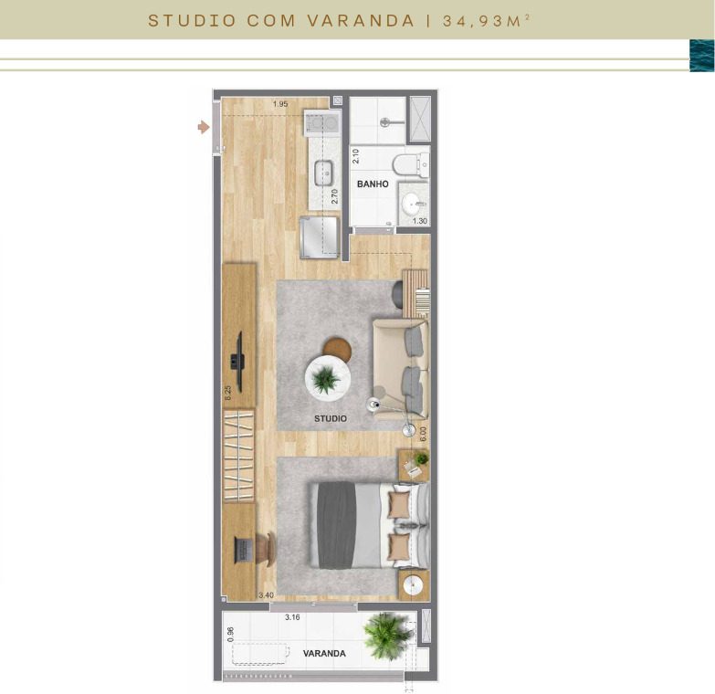 Planta de studio com varanda do Farol da Guanabara