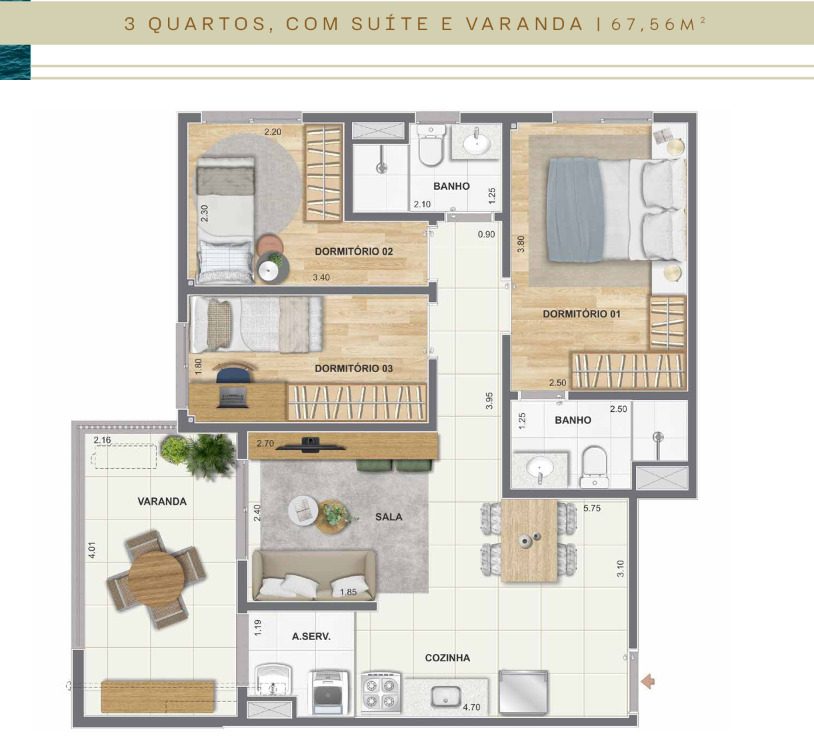 Planta de 3 quartos com suíte do Farol da Guanabara