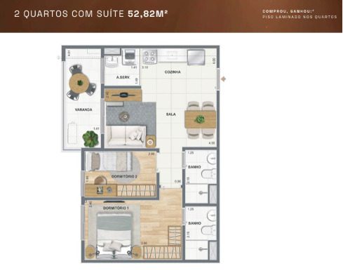 Planta de 2 quartos com suíte do Luzes do Rio