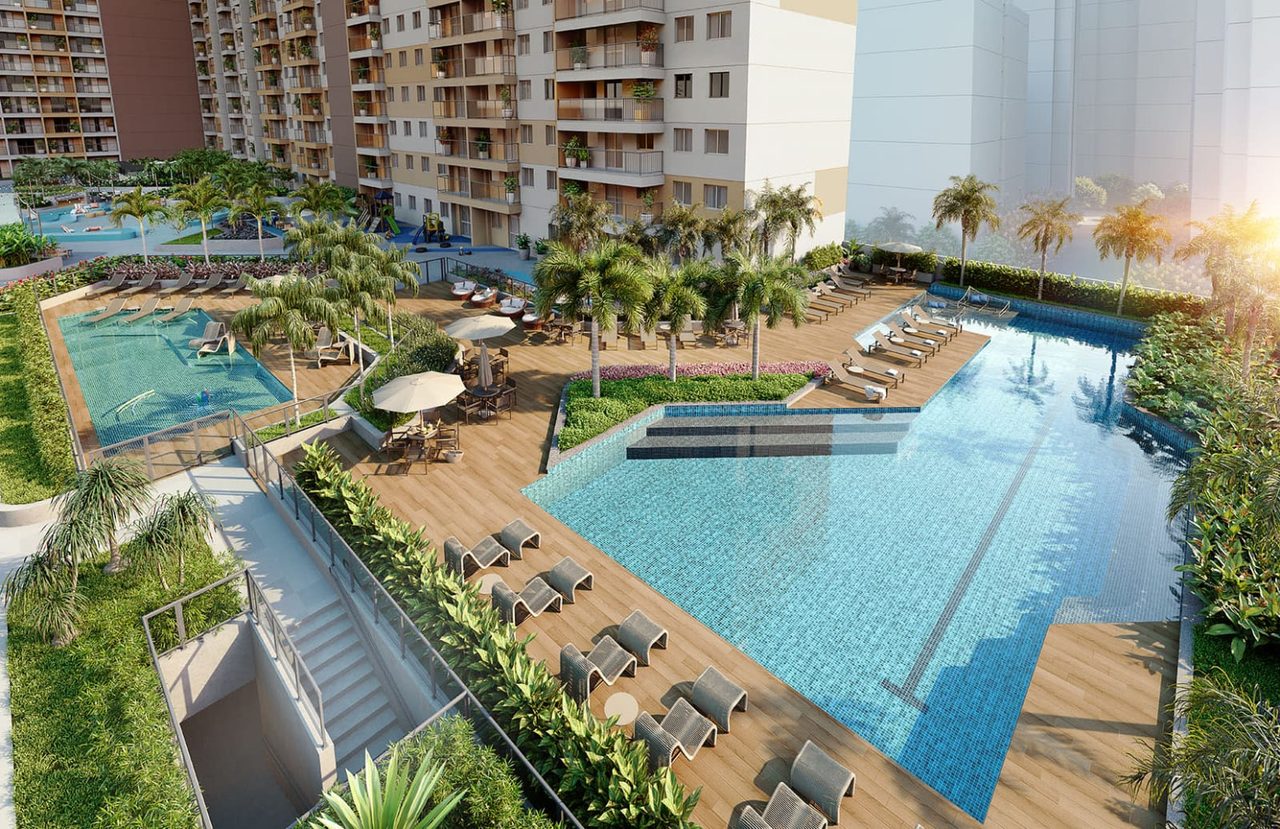 Fachada e lazer com piscina do Residencial Pixinguinha, no Porto Maravilha