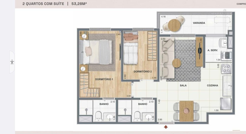Planta de 2 quartos com suíte do Pixinguinha