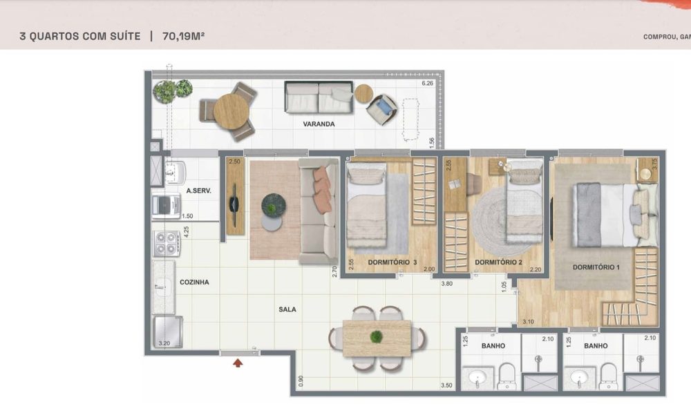 Planta de 3 quartos com suíte do Pixinguinha