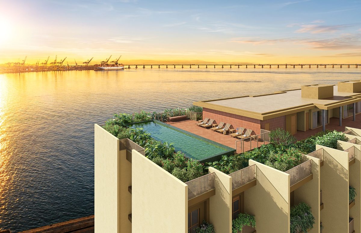 Piscina no rooftop do Erê Residencial com vista para a Baía de Guanabara
