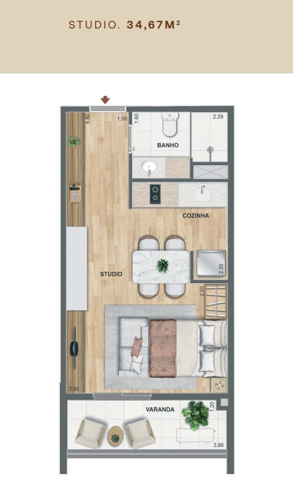 Planta de studio com varanda do Erê Residencial