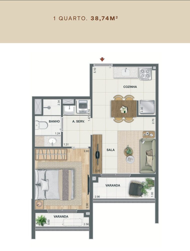 Planta de 1 quarto com duas varandas do Erê Residencial
