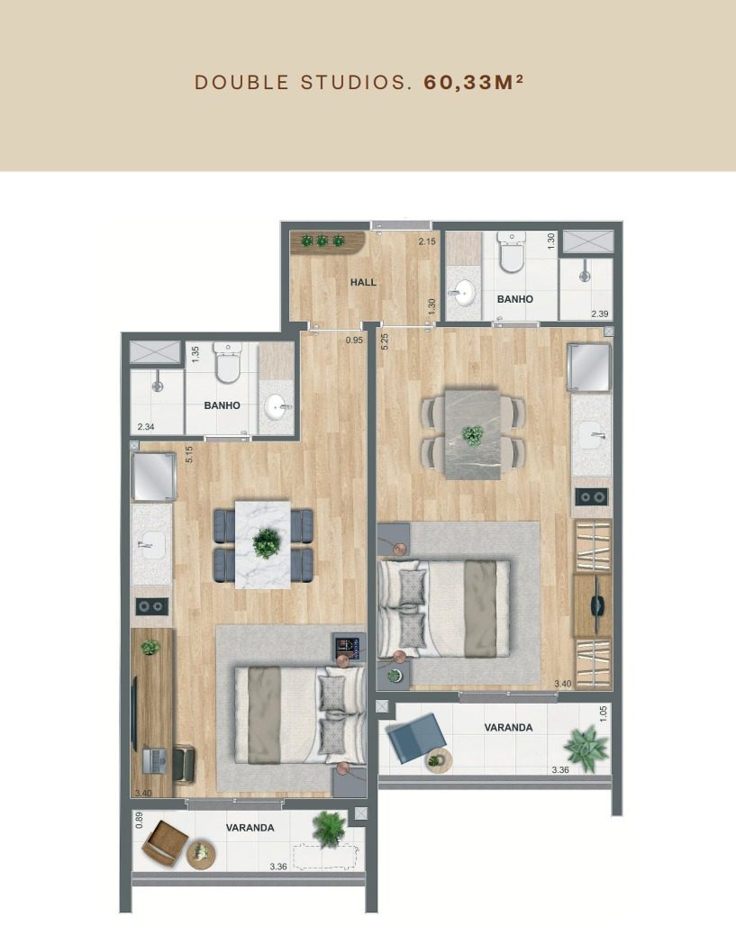Planta double studios com duas varandas do Erê Residencial