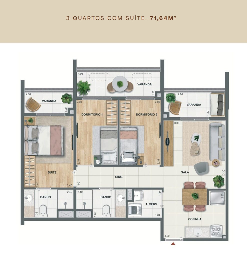 Planta de 3 quartos com suíte e três varandas do Erê Residencial